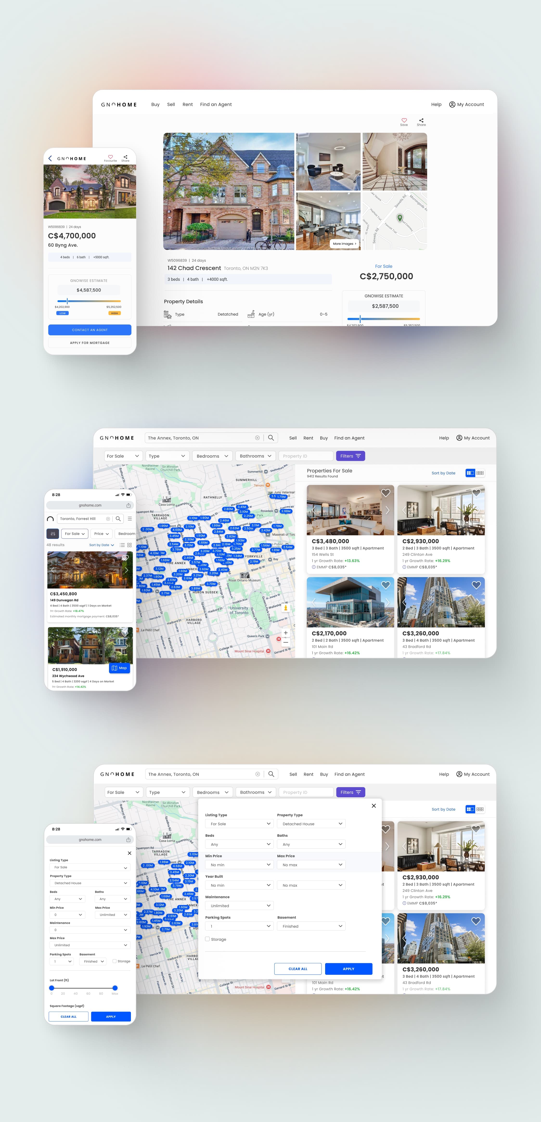 Gnohome final design screens, the redesigned search experience